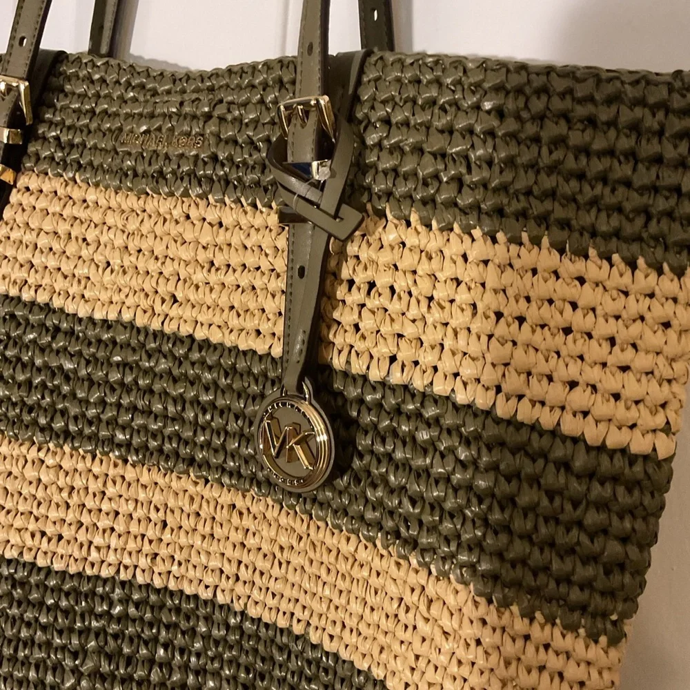 Michael Kors Quinn Straw Tote Large Green Stripe Beach Travel Bag